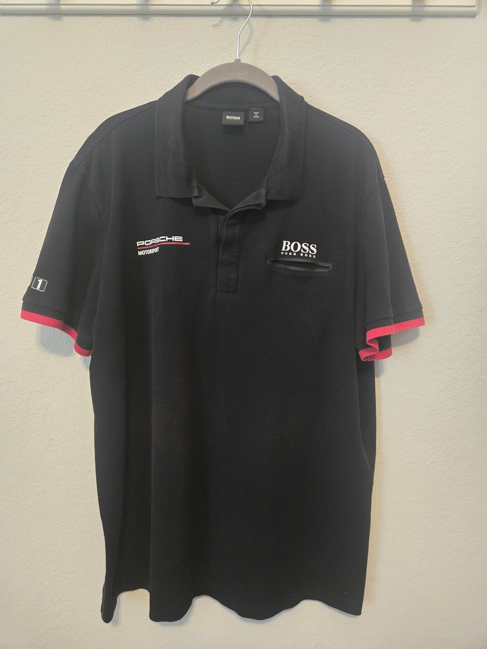 Boss Black Polo with Red Sleeve Trim and Porsche Branding